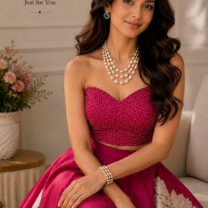 A woman wearing a sophisticated three-layer pearl necklace set from D'ORINA Jewellery.
